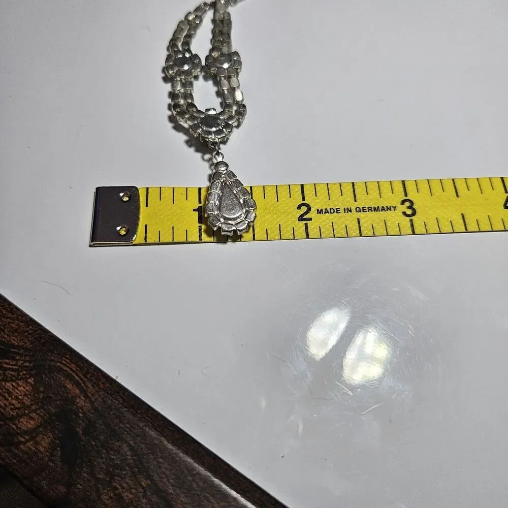 Silver Tone Black And Clear Rhinestone Teardrop Drop Necklace 16.5-19.5